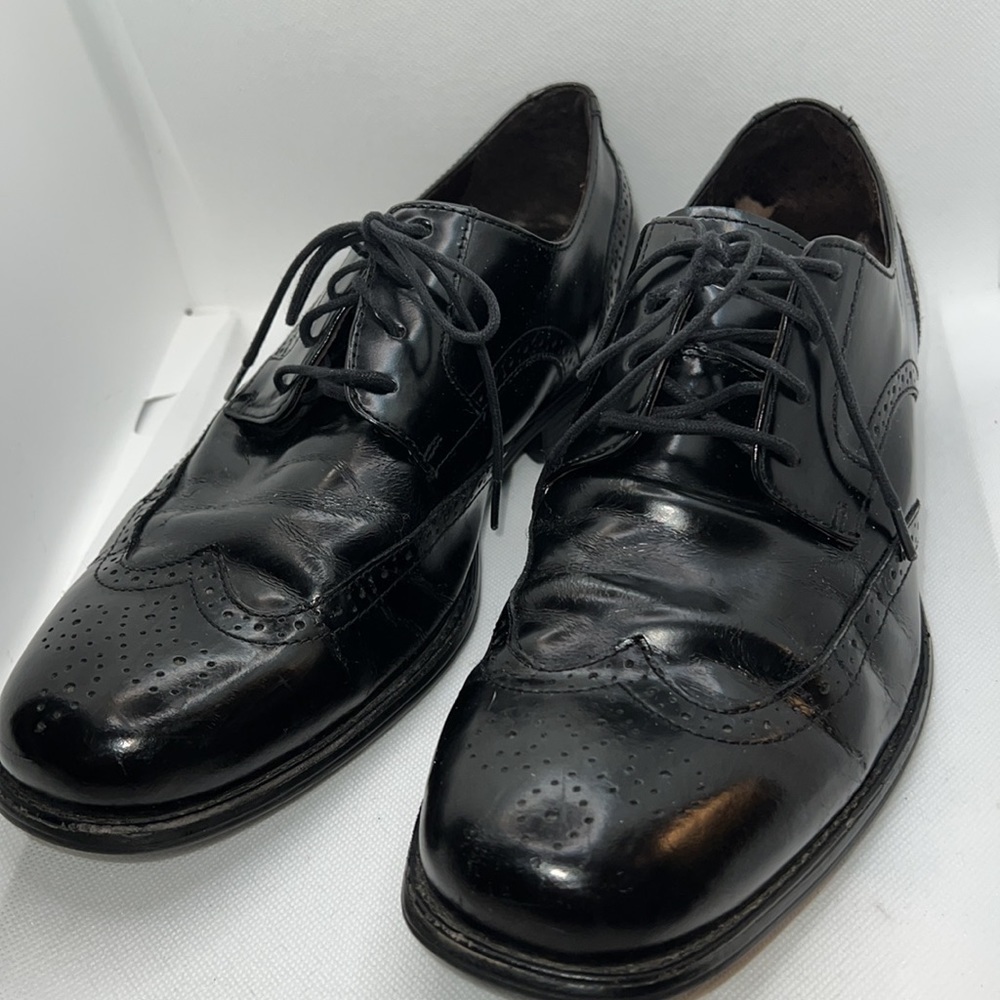 Johnston & Murphy black leather lace up wingtip square front shoes 8‎ 1/2